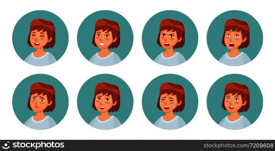 Cartoon womens emotions. Female character facial emotion, happy smiling woman and angry face portrait. Person character expression internet avatar. Isolated vector illustration icons set. Cartoon womens emotions. Female character facial emotion, happy smiling woman and angry face portrait vector illustration set