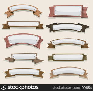 Cartoon Wood Banners And Ribbons. Illustration of a set of cartoon wooden award ribbon and texas ranch banners, with white paper signs for agriculture and farm seal and certificates