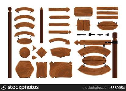 Cartoon wood banners boards isolated on white. Vector Illustration set of cartoon wooden award certificates, arrows showing direction, fences and announcement boards. Brown planks in flat style. Cartoon Wood Banners Boards Isolated on White.