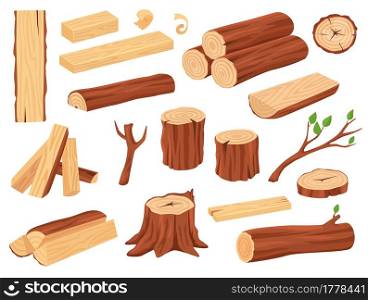 Cartoon wood log. Tree trunks, stumps, planks, piled firewood, branches with leaves. Hardwood timber materials for lumber industry vector set. Wood craft or industry isolated elements. Cartoon wood log. Tree trunks, stumps, planks, piled firewood, branches with leaves. Hardwood timber materials for lumber industry vector set