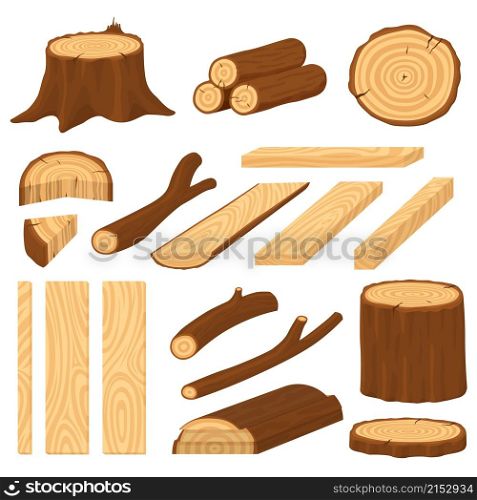 Cartoon wood logs. Material wooden timber, cracks tree log. Stump and trunk, cracked surface. Vintage isolated plank pile piece recent vector set. Wood timber, firewood stump, log wooden illustration. Cartoon wood logs. Material wooden timber, cracks tree log. Stump and trunk, cracked surface. Vintage isolated plank pile piece recent vector set