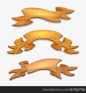 Cartoon wood signs or wooden ribbons. Cartoon wood signs and banners. Vector wooden ribbons