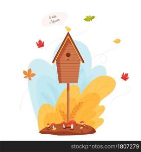 Cartoon wooden bird house in the forest. Tiny bird tweets Hello Autumn. Vector illustration