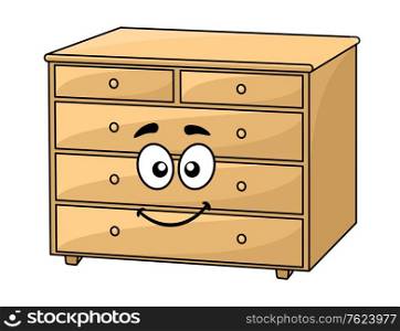 Cartoon wooden chest of drawers with a happy smiling face for interior design. Cartoon wooden chest of drawers