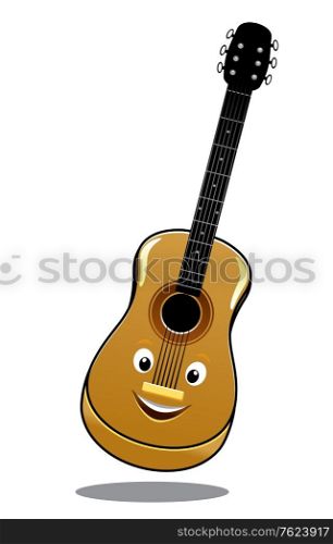 Cartoon wooden country guitar bouncing in the air with a happy smile, isolated on white