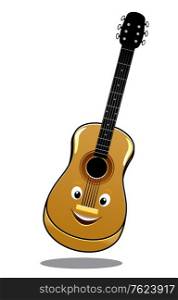 Cartoon wooden country guitar bouncing in the air with a happy smile, isolated on white
