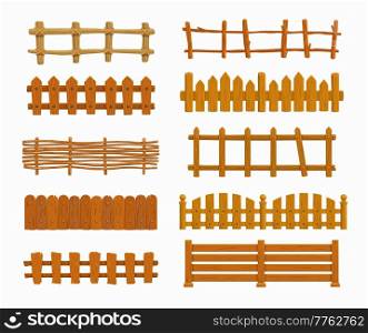 Cartoon wooden fence vector set, garden or farm palisade, gates or balustrade with pickets. Enclosure railing, banister or fencing sections with decorative pillars. Wooden isolated fence and balusters. Cartoon wooden fence vector set, garden palisade