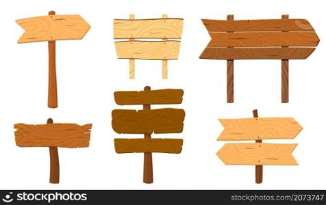 Cartoon wooden pointers. Wood pointer stick, arrows sign. Ui game board, road plank or direction signpost. Isolated blank panel recent vector set. Illustration wood pointer, signboard pointing. Cartoon wooden pointers. Wood pointer stick, arrows sign. Ui game board, road plank or direction signpost. Isolated blank panel recent vector set