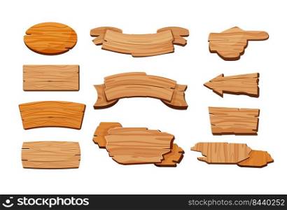 Cartoon wooden signboards. Oval board, banner with blank copy space, road direction sign. Vector illustration set for wild west or rustic style, information, message concept