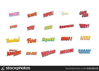 cartoon words label set isolated on a white background. nice bam super love game over star you sweet surprise hey thanks fine superb bingo look amazing bye welcome awesome good. Pop art retro vector illustration. cartoon words label set isolated on a white background