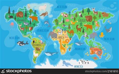Cartoon world map for kids nursery with forest animals. Children geography education with europe, asia, australia and america vector poster. Continents washed by oceans for learning. .Cartoon world map for kids nursery with forest animals. Children geography education with europe, asia, australia and america vector poster