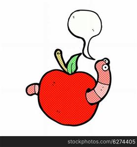 cartoon worm in apple with speech bubble