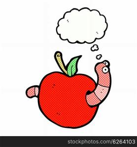 cartoon worm in apple with thought bubble