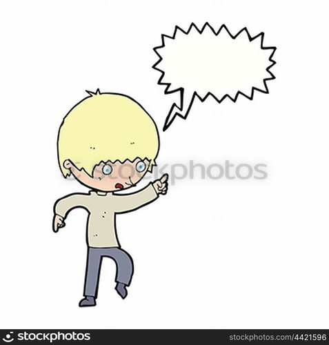 cartoon worried boy pointing with speech bubble