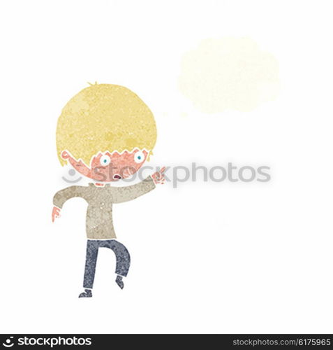 cartoon worried boy pointing with thought bubble