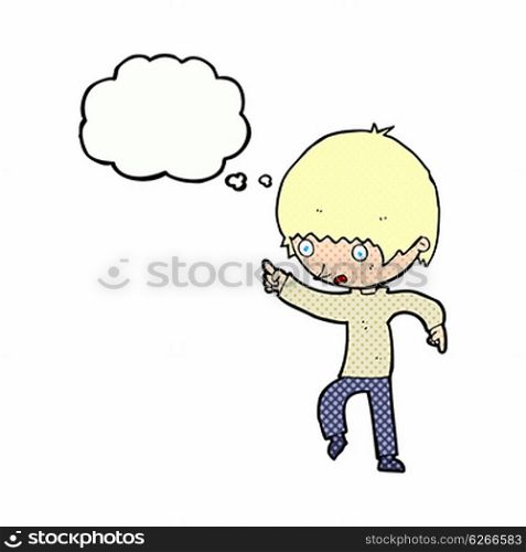 cartoon worried boy pointing with thought bubble