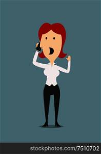 Cartoon worried businesswoman discusses contract on the phone. For business or communication concept themes. Businesswoman discusses contract on the phone