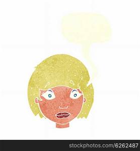cartoon worried female face with speech bubble