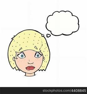 cartoon worried female face with thought bubble
