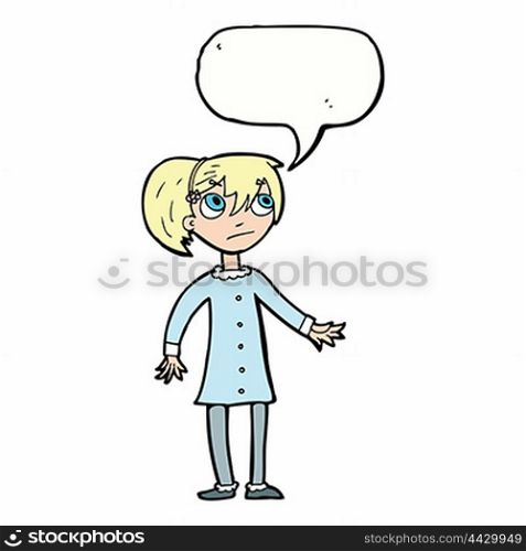 cartoon worried girl with speech bubble