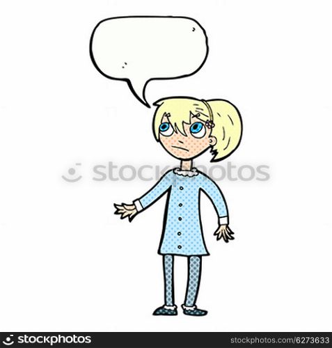 cartoon worried girl with speech bubble