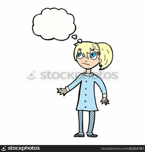 cartoon worried girl with thought bubble