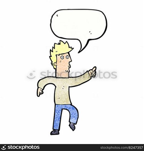 cartoon worried man pointing with speech bubble