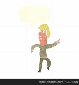 cartoon worried man pointing with speech bubble