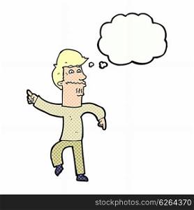 cartoon worried man pointing with thought bubble