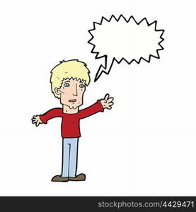 cartoon worried man reaching out with speech bubble