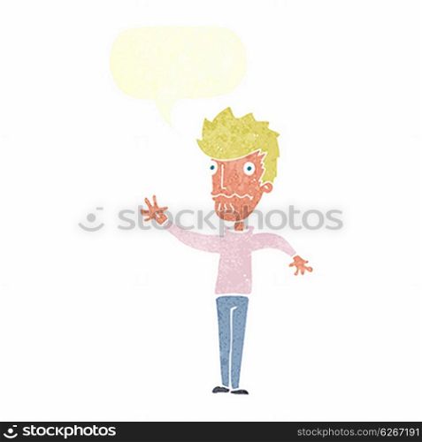 cartoon worried man reaching out with speech bubble