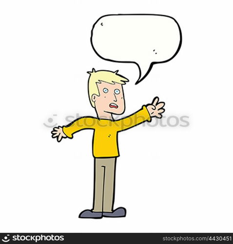 cartoon worried man reaching with speech bubble