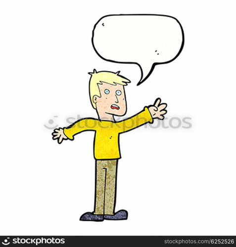 cartoon worried man reaching with speech bubble