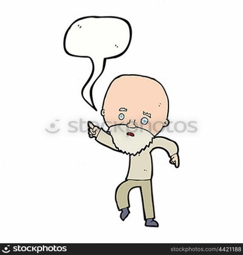 cartoon worried old man pointing with speech bubble