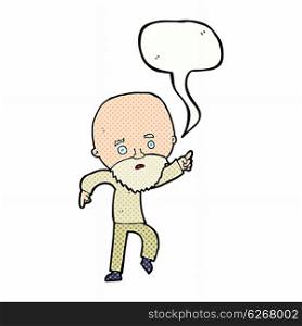 cartoon worried old man pointing with speech bubble