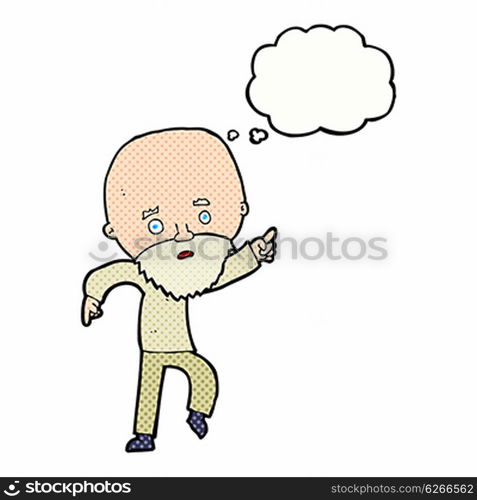 cartoon worried old man pointing with thought bubble