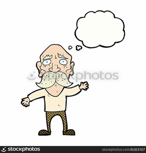 cartoon worried old man with thought bubble