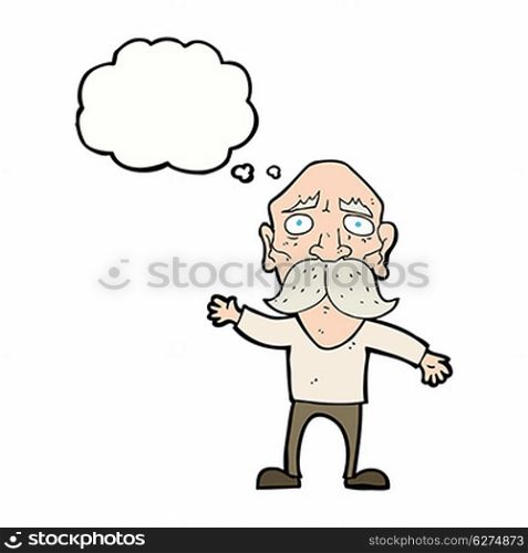 cartoon worried old man with thought bubble
