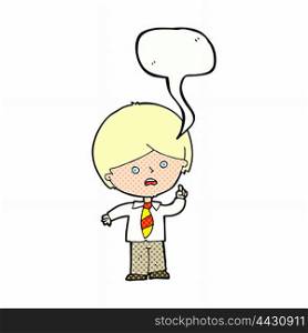 cartoon worried school boy raising hand with speech bubble