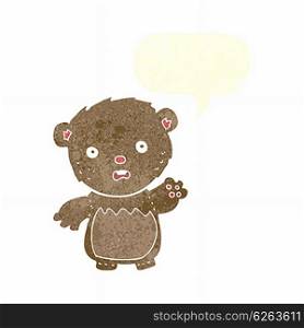 cartoon worried teddy bear with speech bubble