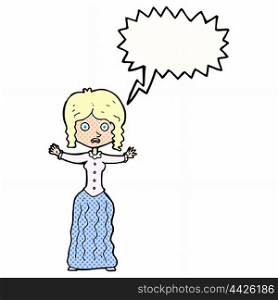 cartoon worried victorian woman with speech bubble