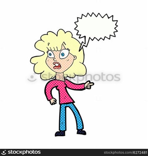 cartoon worried woman pointing with speech bubble