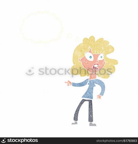 cartoon worried woman pointing with thought bubble