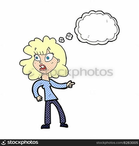 cartoon worried woman pointing with thought bubble