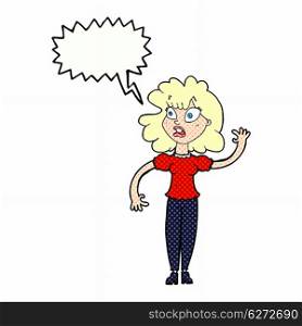 cartoon worried woman waving with speech bubble