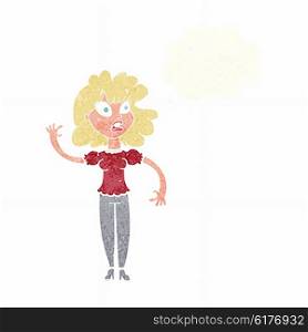 cartoon worried woman waving with thought bubble