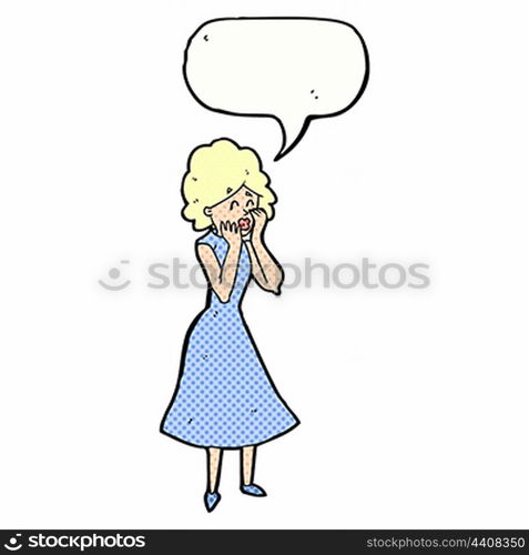 cartoon worried woman with speech bubble