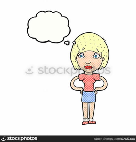 cartoon worried woman with thought bubble