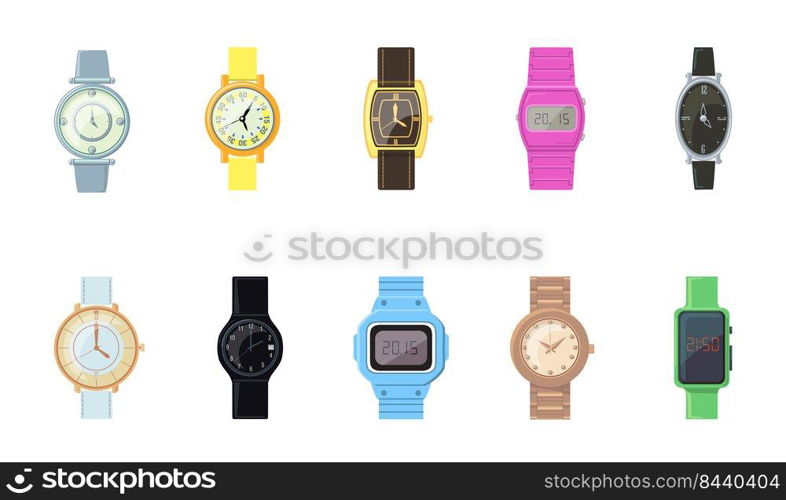 Cartoon wristwatch flat icon kit. Digital smart watches for men and women vector illustration set. Isolated elegant watches with fashion bracelets. Accessory and time concept