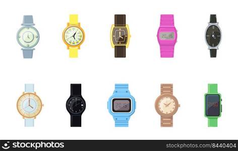 Cartoon wristwatch flat icon kit. Digital smart watches for men and women vector illustration set. Isolated elegant watches with fashion bracelets. Accessory and time concept